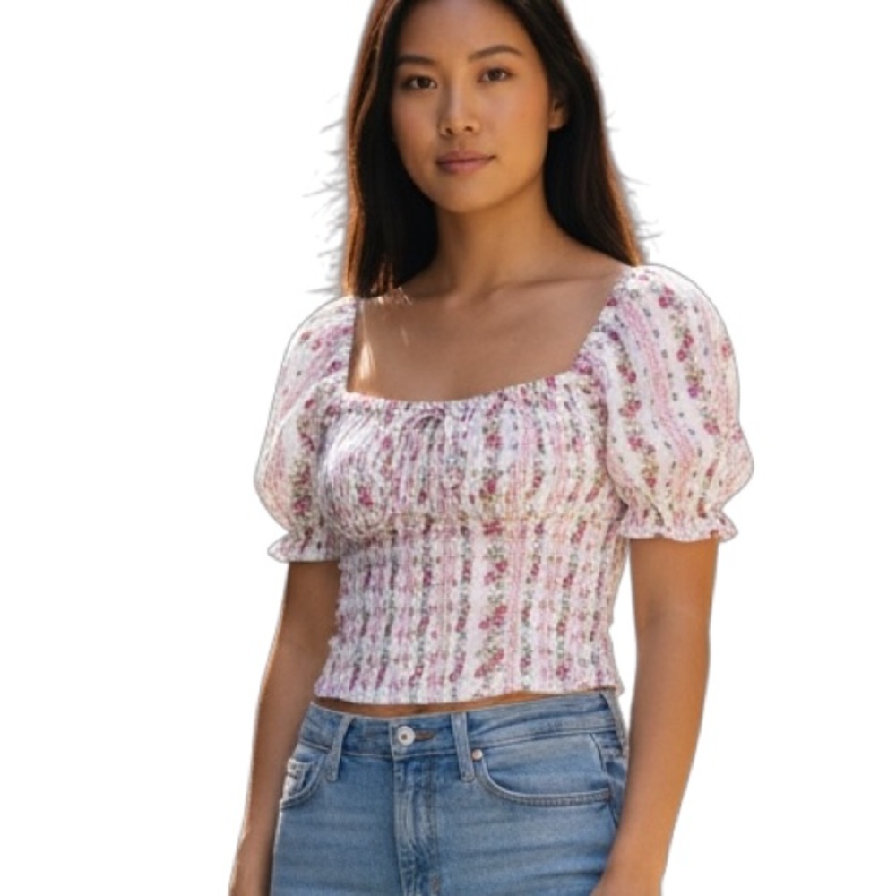Forever21 Smocked Dainty Floral Puff Sleeve Top